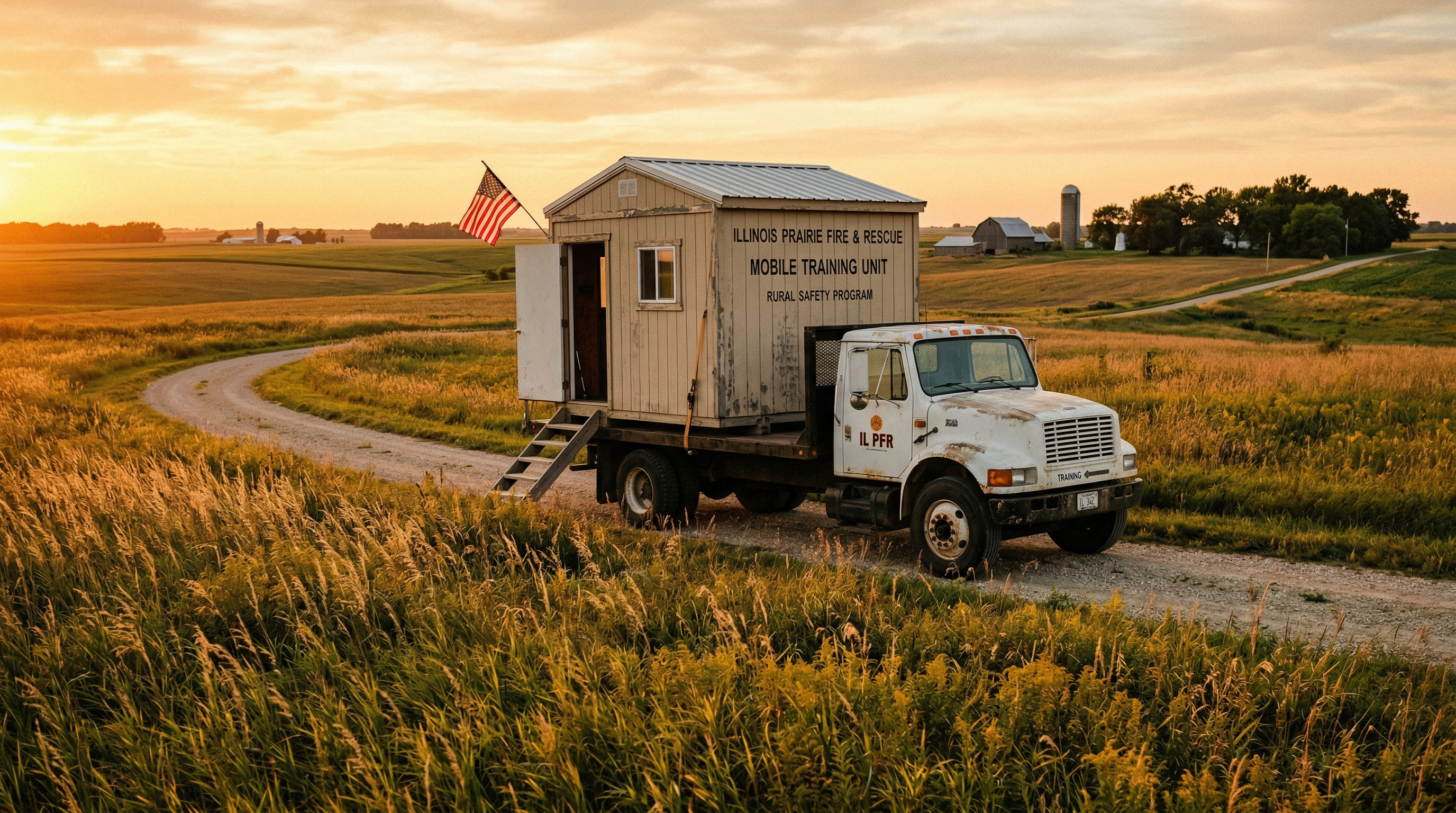 Mobile training shed on a flatbed in rural Illinois at golden hour