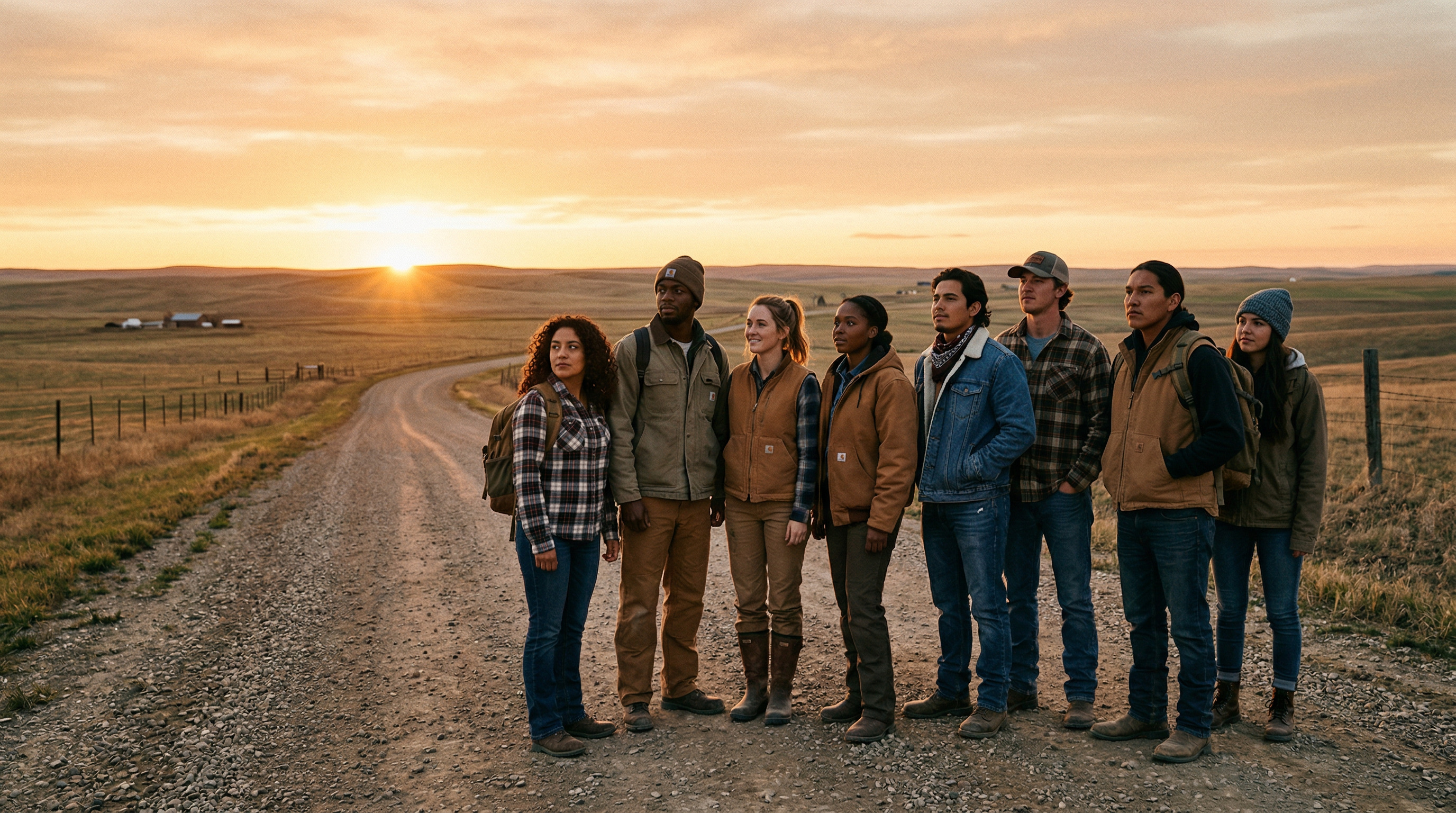 Diverse group of young adults in work clothes standing together at sunrise on a rural American road