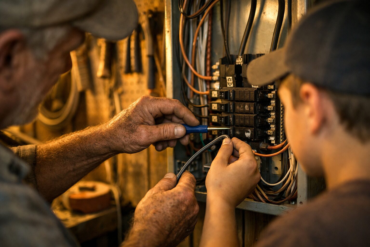 Experienced tradesman teaching a young apprentice how to wire a residential electrical panel