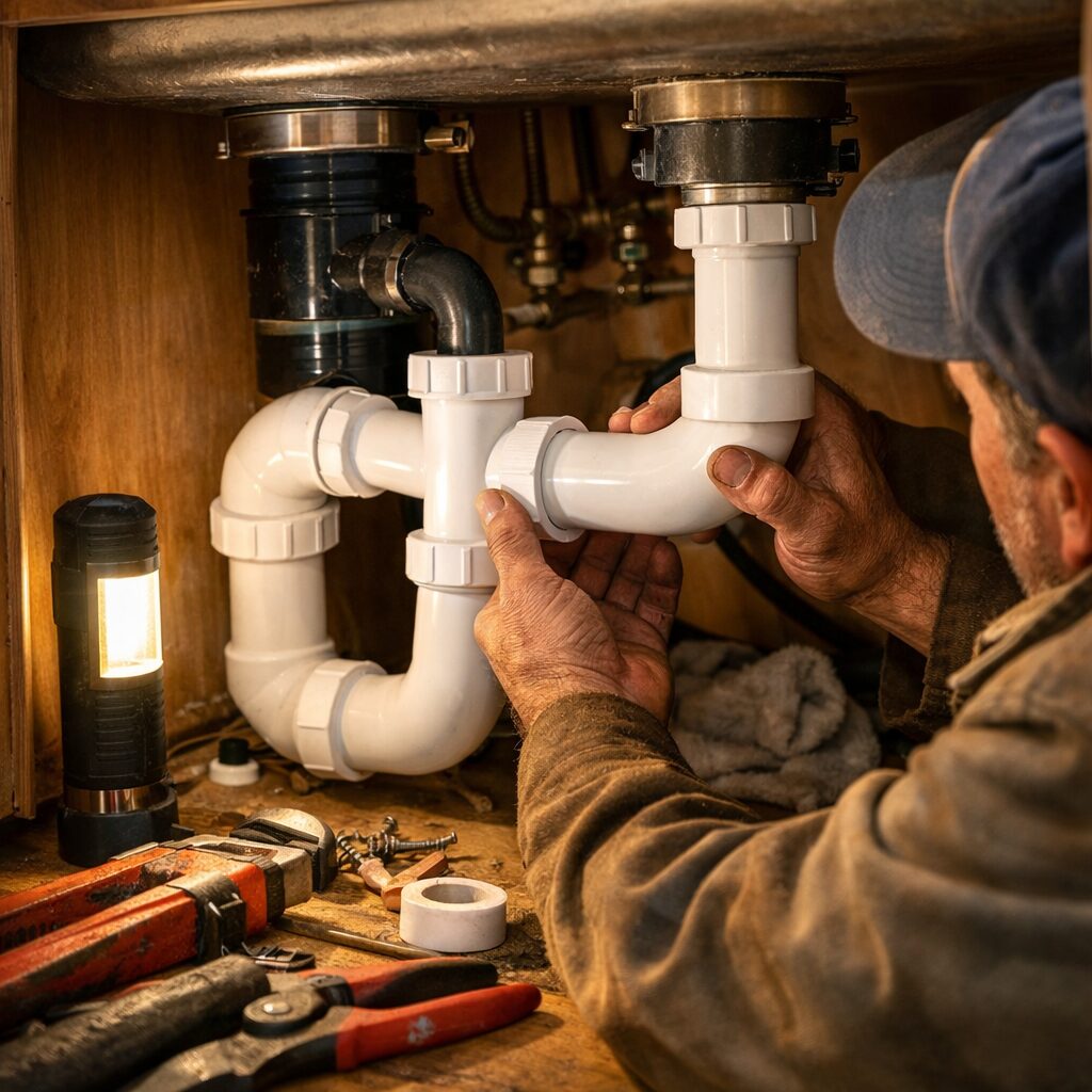 Close-up of hands installing residential plumbing under a kitchen sink
