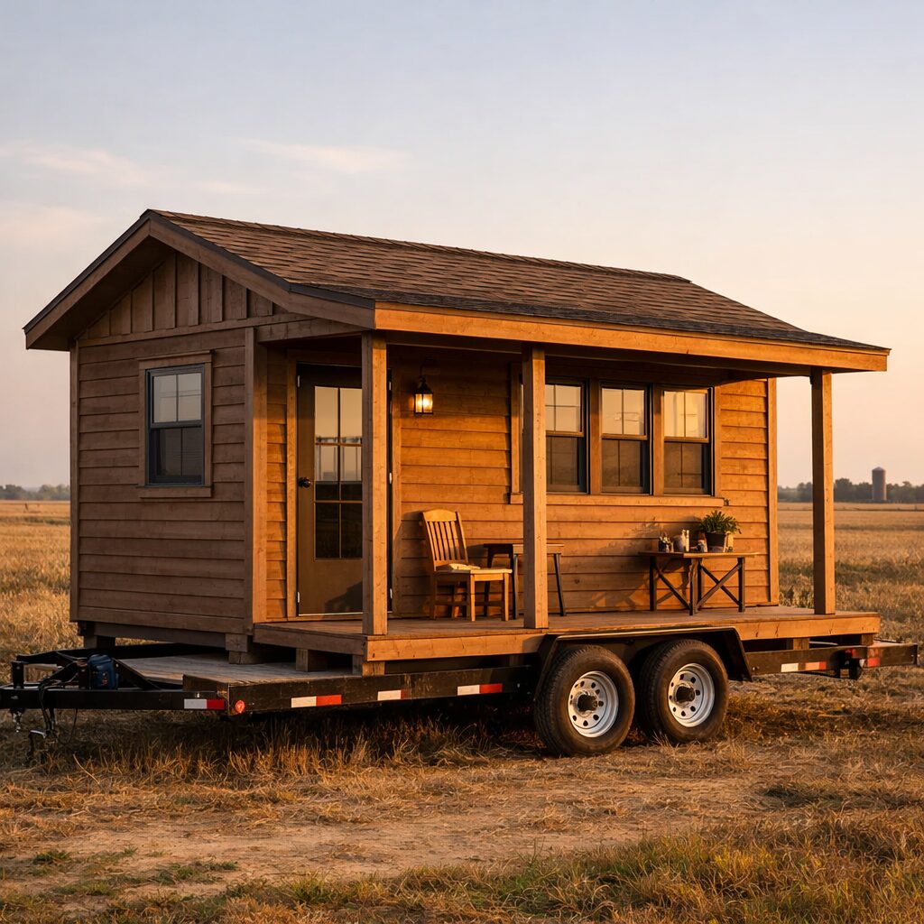 BSA mobile training shed on a flatbed trailer in a rural Illinois field