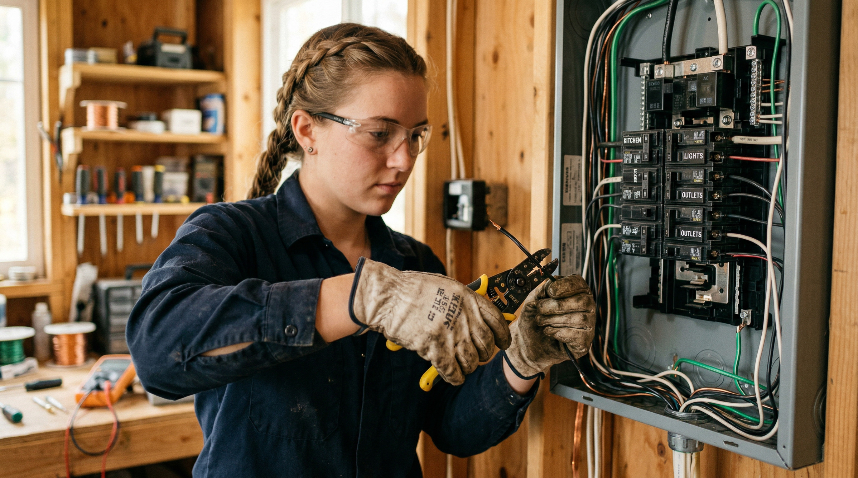 Young adult focused on wiring a residential electrical panel